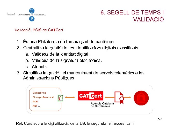 6. SEGELL DE TEMPS I VALIDACIÓ Validació: PSIS de CATCert 1. És una Plataforma