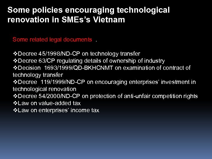 Some policies encouraging technological renovation in SMEs’s Vietnam Some related legal documents . v.