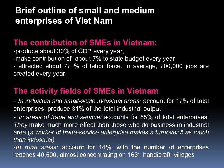 Brief outline of small and medium enterprises of Viet Nam The contribution of SMEs