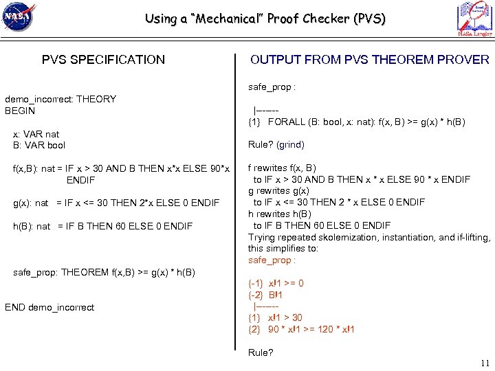 Using a “Mechanical” Proof Checker (PVS) PVS SPECIFICATION OUTPUT FROM PVS THEOREM PROVER safe_prop