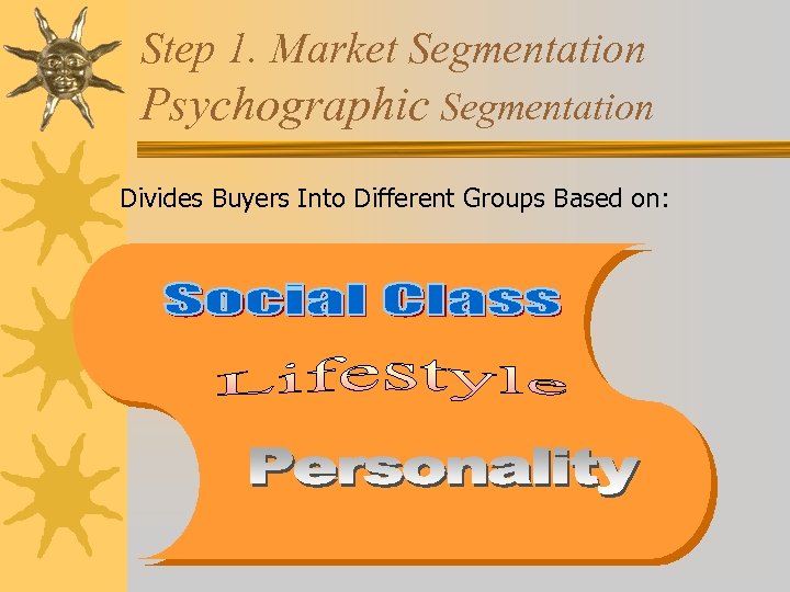 Step 1. Market Segmentation Psychographic Segmentation Divides Buyers Into Different Groups Based on: 