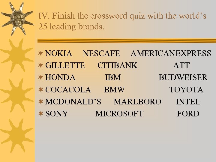 IV. Finish the crossword quiz with the world’s 25 leading brands. ¬ NOKIA NESCAFE