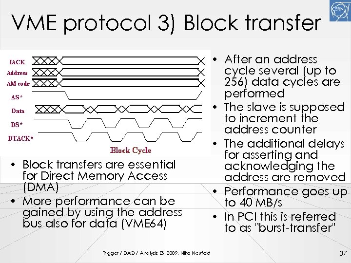 VME protocol 3) Block transfer • Block transfers are essential for Direct Memory Access
