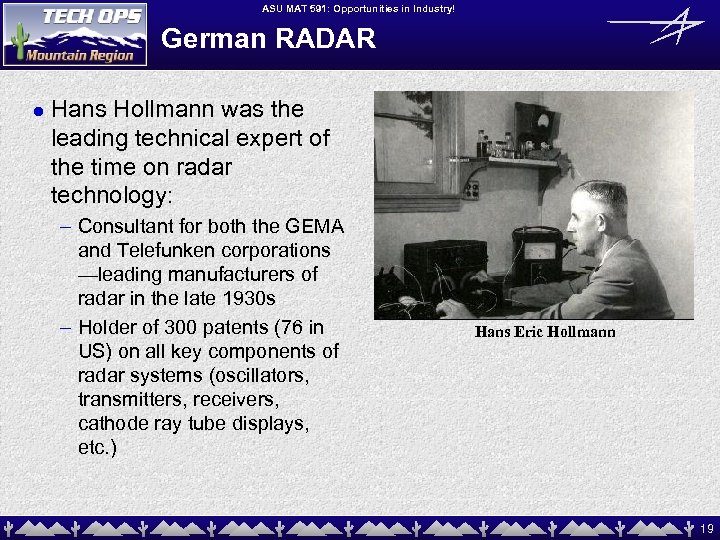 ASU MAT 591: Opportunities in Industry! German RADAR l Hans Hollmann was the leading