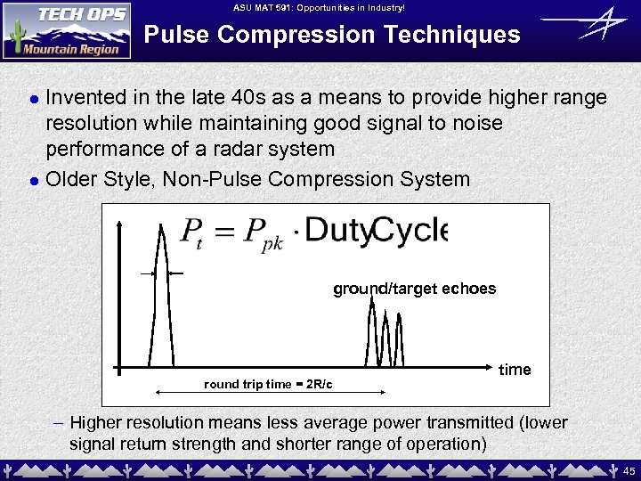 ASU MAT 591: Opportunities in Industry! Pulse Compression Techniques Invented in the late 40
