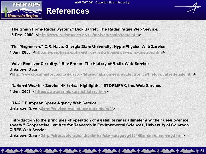 ASU MAT 591: Opportunities in Industry! References “The Chain Home Radar System. ” Dick