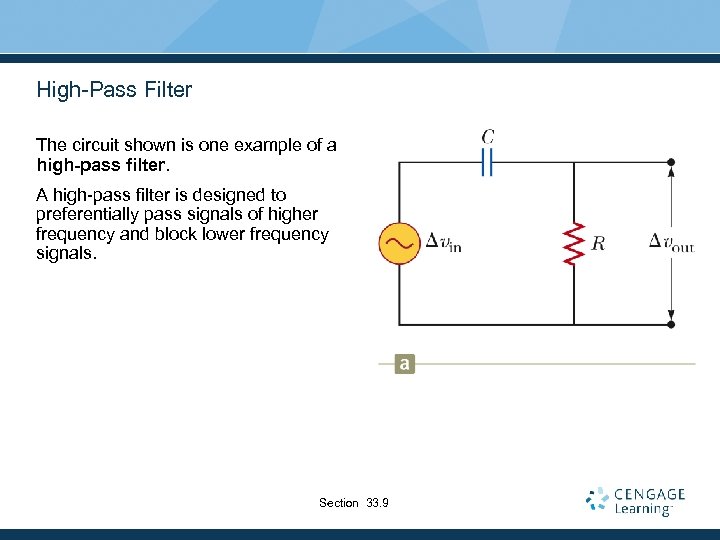 High-Pass Filter The circuit shown is one example of a high-pass filter. A high-pass