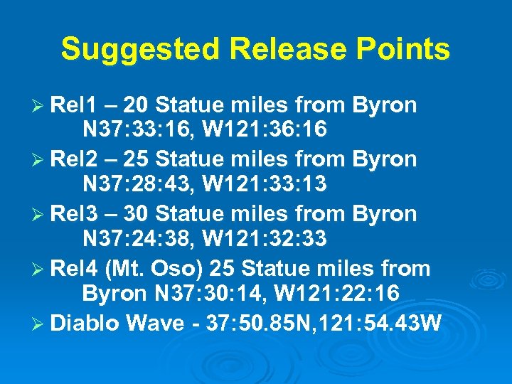 Suggested Release Points Ø Rel 1 – 20 Statue miles from Byron N 37: