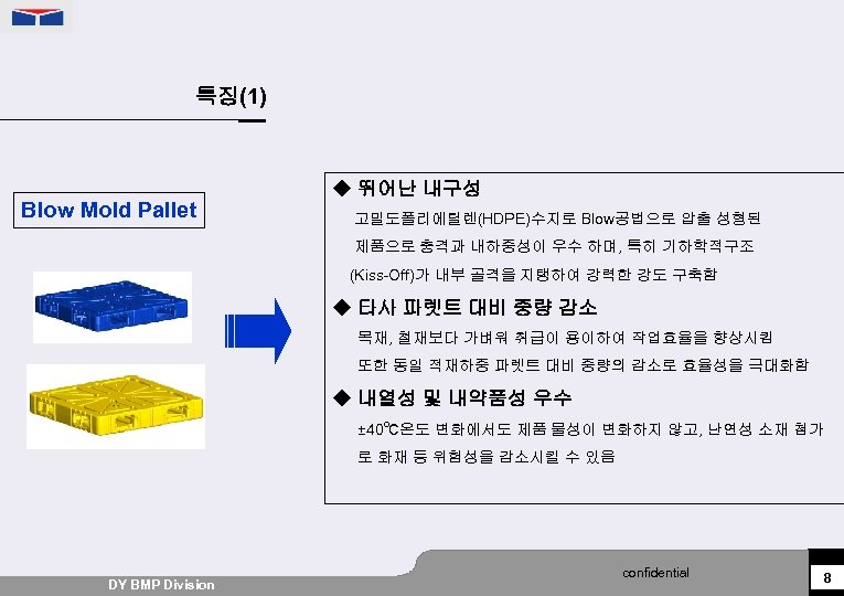 특징(1) Blow Mold Pallet ◆ 뛰어난 내구성 고밀도폴리에틸렌(HDPE)수지로 Blow공법으로 압출 성형된 제품으로 충격과 내하중성이