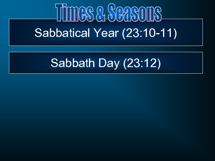 Sabbatical Year (23: 10 -11) Sabbath Day (23: 12) 