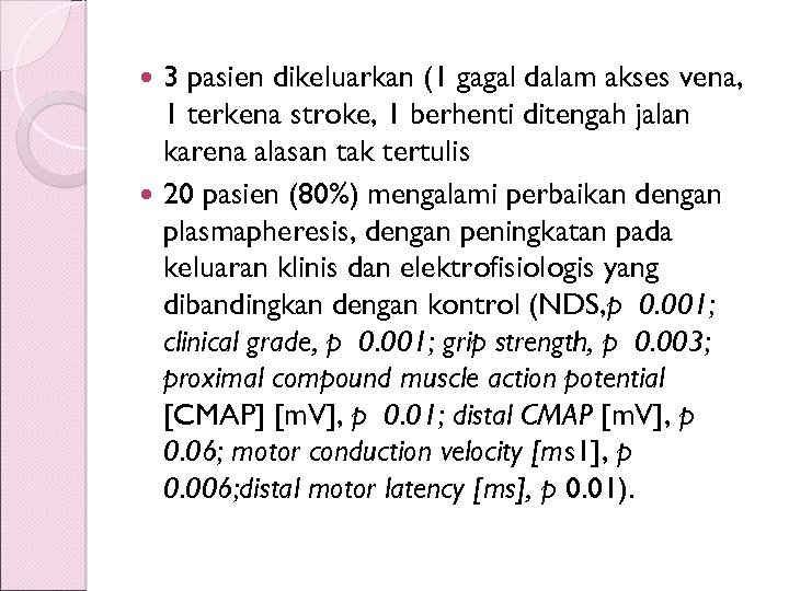 3 pasien dikeluarkan (1 gagal dalam akses vena, 1 terkena stroke, 1 berhenti ditengah