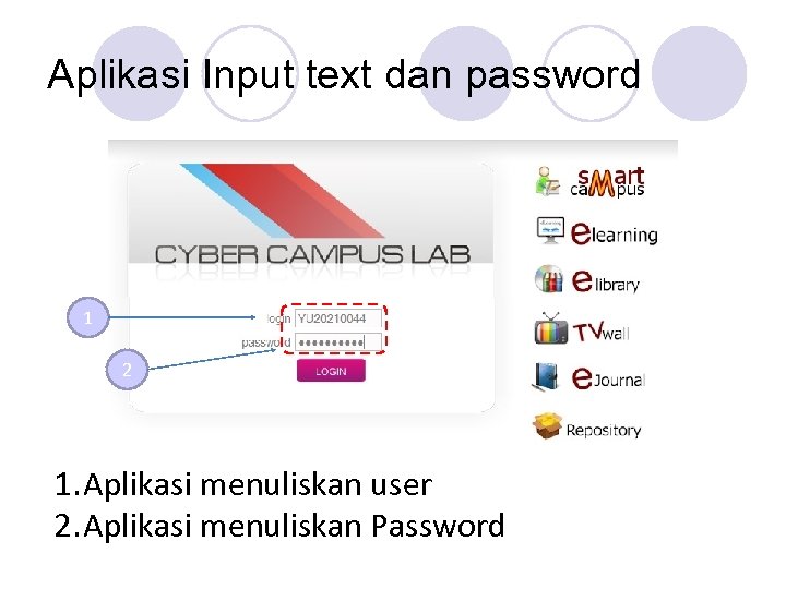Aplikasi Input text dan password 1 2 1. Aplikasi menuliskan user 2. Aplikasi menuliskan