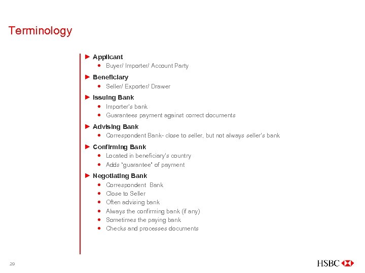 Terminology ► Applicant Buyer/ Importer/ Account Party ► Beneficiary Seller/ Exporter/ Drawer ► Issuing