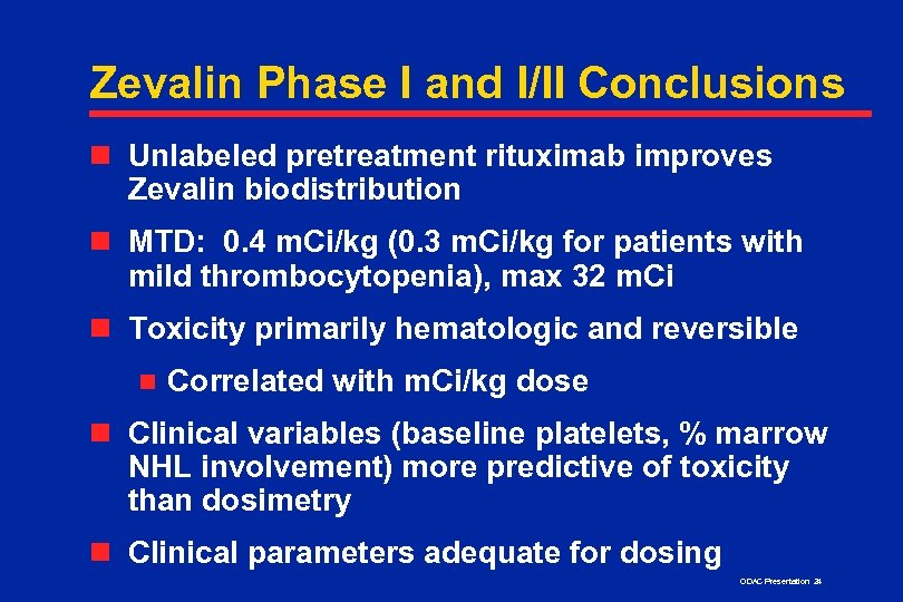 Zevalin Phase I and I/II Conclusions n Unlabeled pretreatment rituximab improves Zevalin biodistribution n