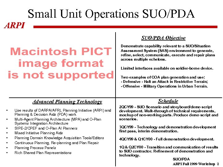 Small Unit Operations SUO/PDA ARPI SUO/PDA Objective Demonstrate capability relevant to a SUO/Situation Assessment