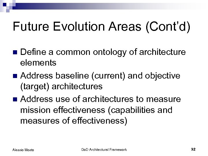 Future Evolution Areas (Cont’d) Define a common ontology of architecture elements n Address baseline