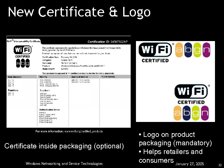 New Certificate & Logo Certificate inside packaging (optional) Windows Networking and Device Technologies •