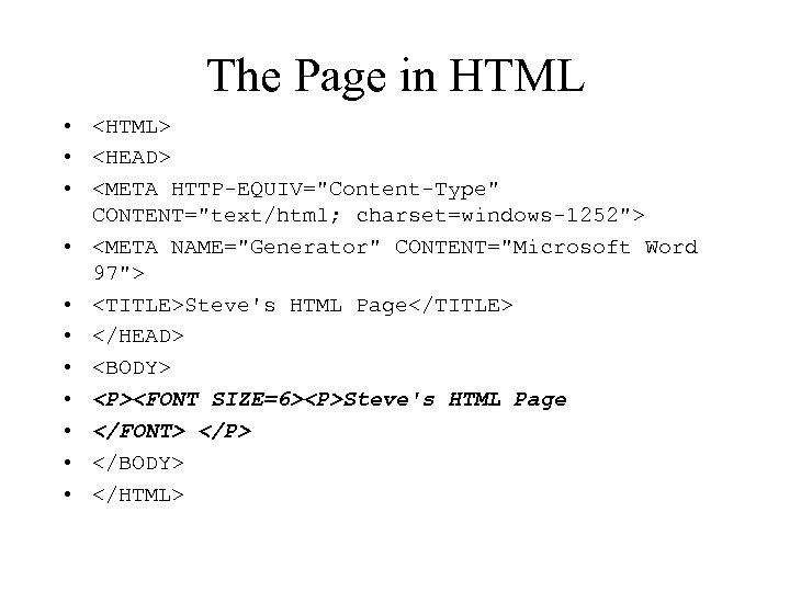 The Page in HTML • <HTML> • <HEAD> • <META HTTP-EQUIV="Content-Type" CONTENT="text/html; charset=windows-1252"> •