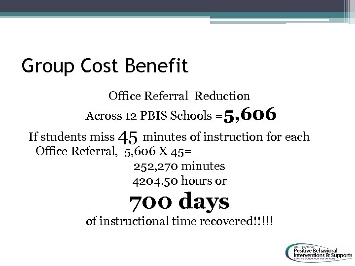 Group Cost Benefit Office Referral Reduction Across 12 PBIS Schools =5, 606 If students