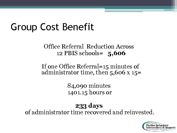 Group Cost Benefit Office Referral Reduction Across 12 PBIS schools= 5, 606 If one