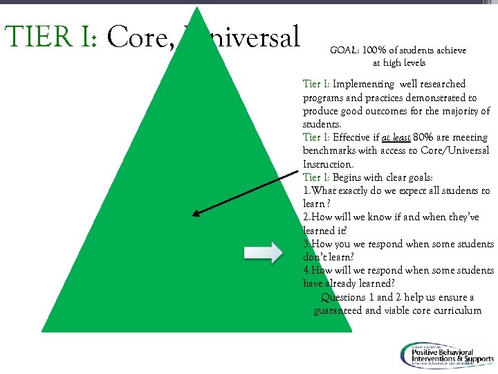 61 TIER I: Core, Universal GOAL: 100% of students achieve at high levels Tier