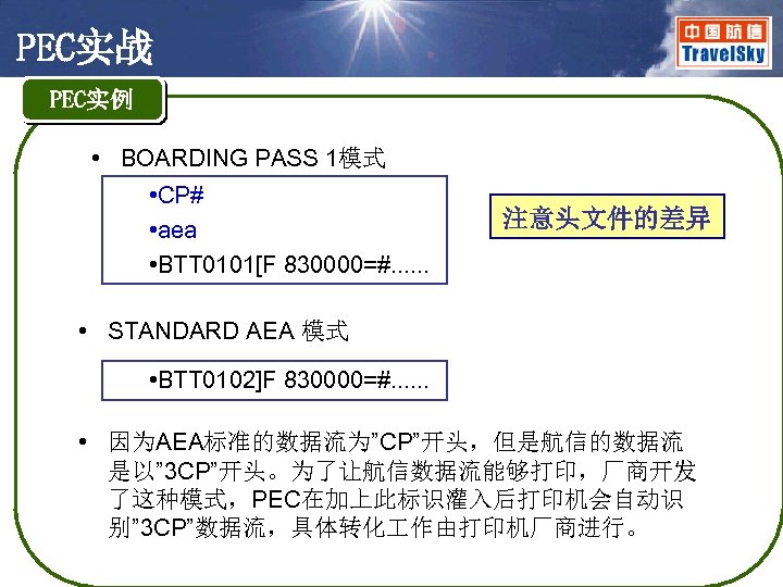 PEC实战 PEC实例 • BOARDING PASS 1模式 • CP# • aea • BTT 0101[F 830000=#.