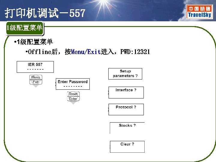 打印机调试－557 1级配置菜单 • 1级配置菜单 • Offline后，按Menu/Exit进入，PWD: 12321 