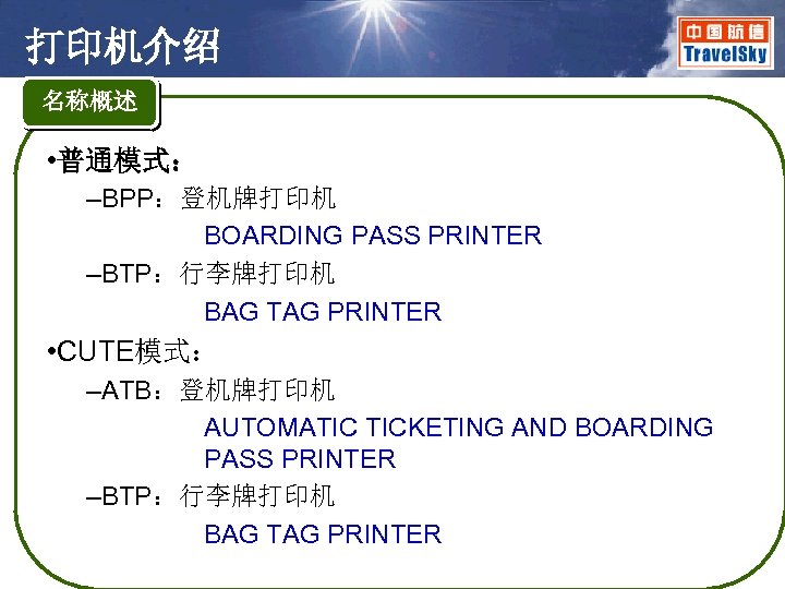 打印机介绍 名称概述 • 普通模式： –BPP：登机牌打印机 BOARDING PASS PRINTER –BTP：行李牌打印机 BAG TAG PRINTER • CUTE模式：