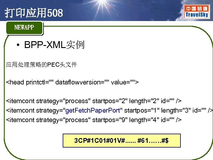 打印应用 508 NEWAPP • BPP-XML实例 • 应用处理策略的PEC头文件 • <head printctl="" dataflowversion="" value=""> • <itemcont