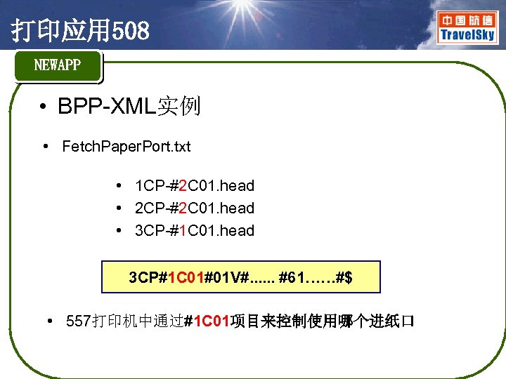 打印应用 508 NEWAPP • BPP-XML实例 • Fetch. Paper. Port. txt • 1 CP-#2 C