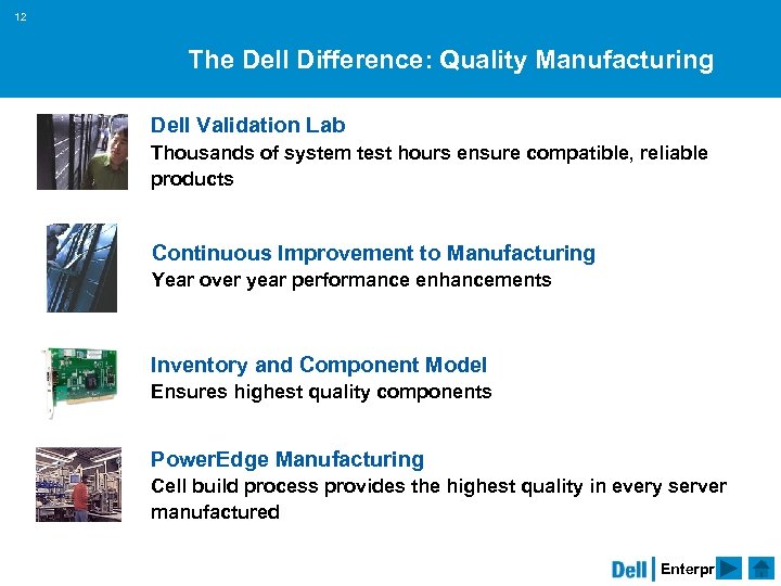 12 The Dell Difference: Quality Manufacturing Dell Validation Lab Thousands of system test hours