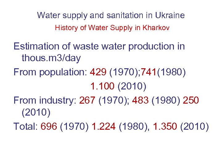 Water supply and sanitation in Ukraine History of Water Supply in Kharkov Estimation of