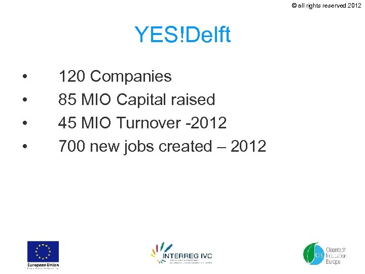 © all rights reserved 2012 YES!Delft • • 120 Companies 85 MIO Capital raised