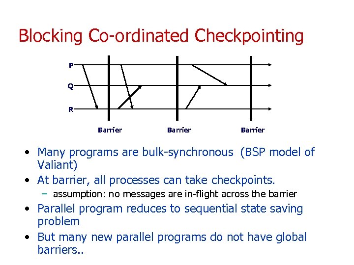 Blocking Co-ordinated Checkpointing P Q R Barrier • Many programs are bulk-synchronous (BSP model