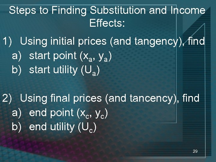 Steps to Finding Substitution and Income Effects: 1) Using initial prices (and tangency), find