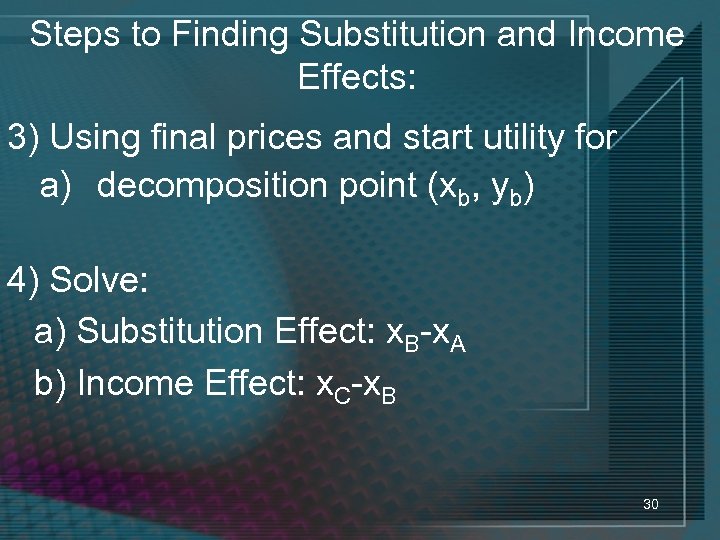 Steps to Finding Substitution and Income Effects: 3) Using final prices and start utility