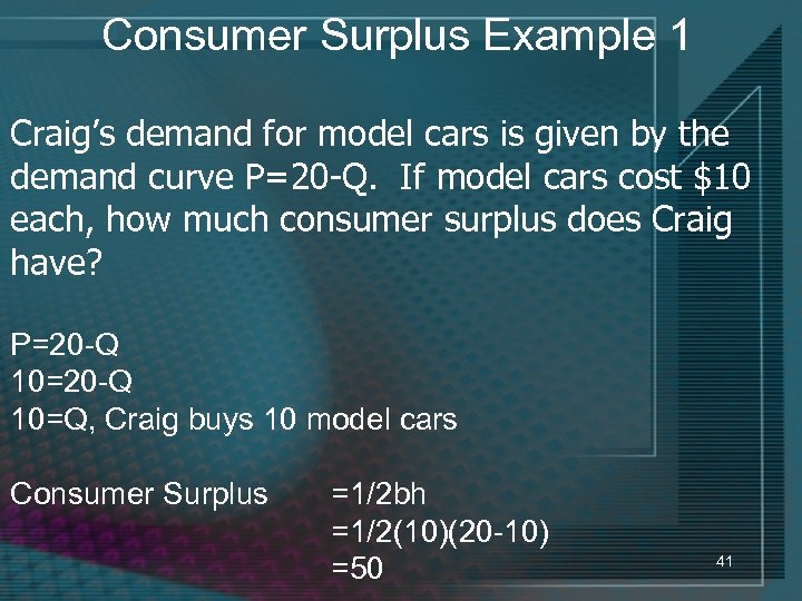 Consumer Surplus Example 1 Craig’s demand for model cars is given by the demand