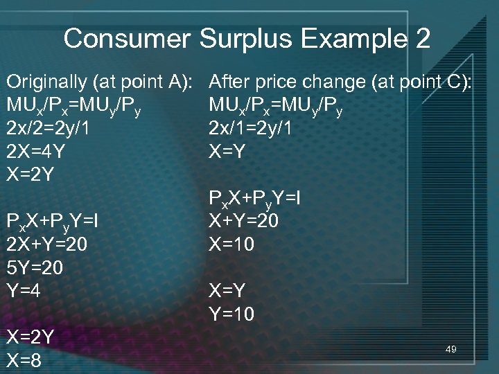 Consumer Surplus Example 2 Originally (at point A): MUx/Px=MUy/Py 2 x/2=2 y/1 2 X=4