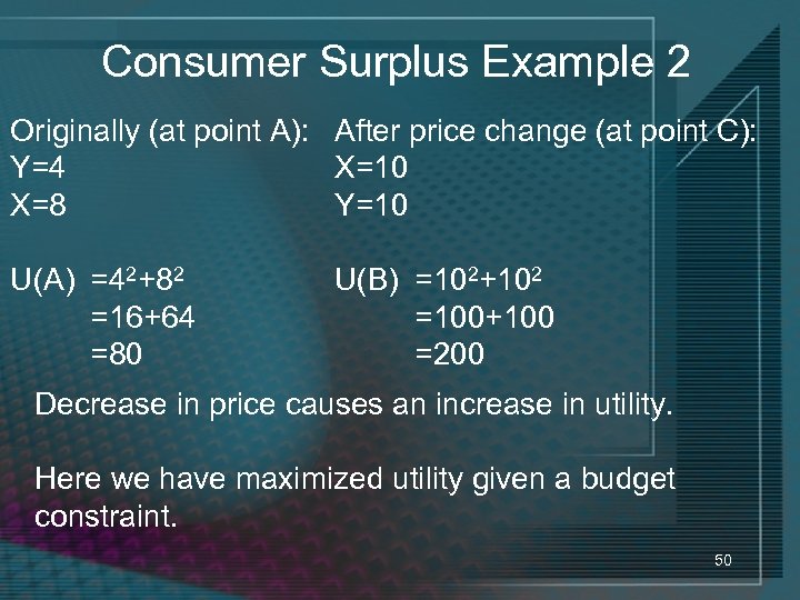 Consumer Surplus Example 2 Originally (at point A): After price change (at point C):