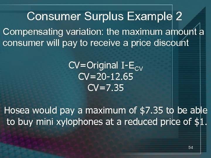 Consumer Surplus Example 2 Compensating variation: the maximum amount a consumer will pay to