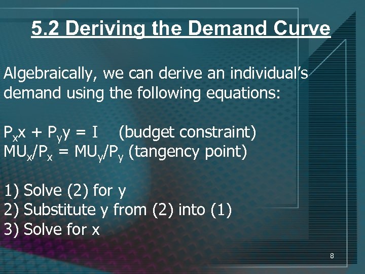 5. 2 Deriving the Demand Curve Algebraically, we can derive an individual’s demand using