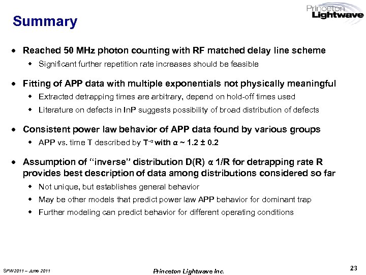 Summary · Reached 50 MHz photon counting with RF matched delay line scheme w