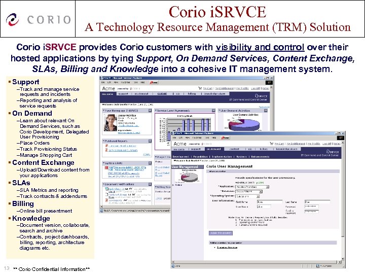 Corio i. SRVCE A Technology Resource Management (TRM) Solution Corio i. SRVCE provides Corio