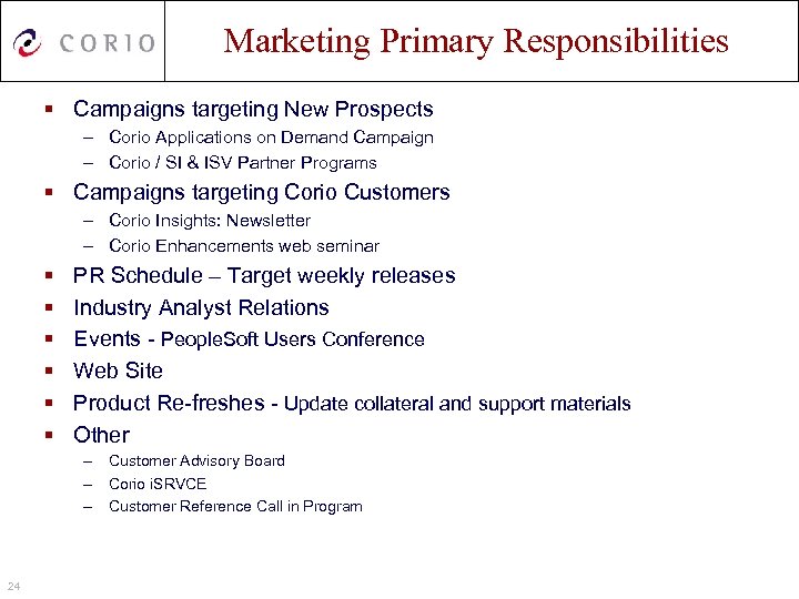Marketing Primary Responsibilities § Campaigns targeting New Prospects – Corio Applications on Demand Campaign