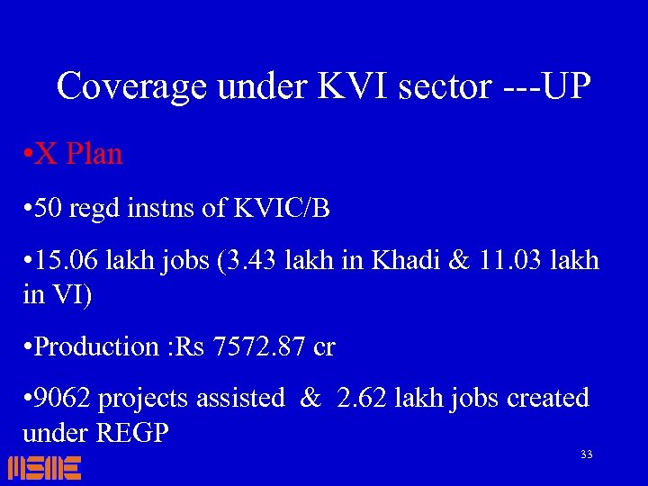 Coverage under KVI sector ---UP • X Plan • 50 regd instns of KVIC/B