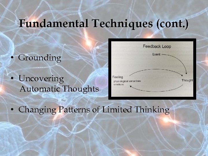 Fundamental Techniques (cont. ) • Grounding • Uncovering Automatic Thoughts • Changing Patterns of