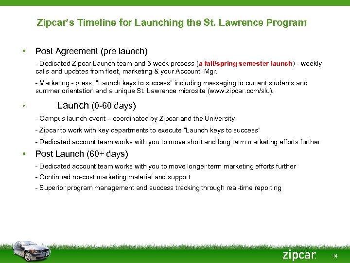 Zipcar’s Timeline for Launching the St. Lawrence Program • Post Agreement (pre launch) -