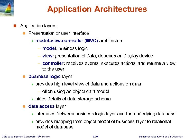 Application Architectures n Application layers l Presentation or user interface 4 model-view-controller (MVC) architecture