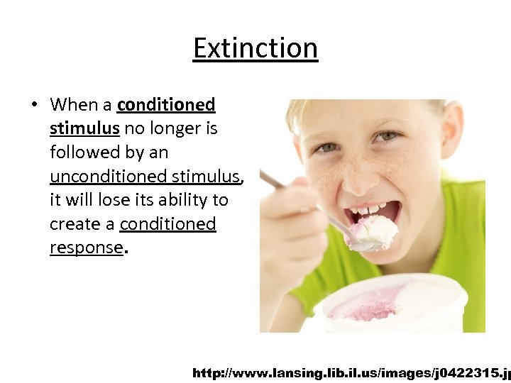 Extinction • When a conditioned stimulus no longer is followed by an unconditioned stimulus,