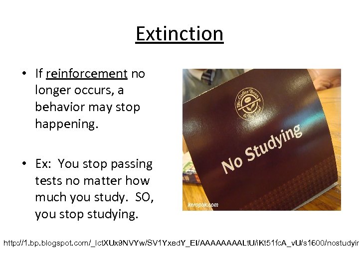 Extinction • If reinforcement no longer occurs, a behavior may stop happening. • Ex: